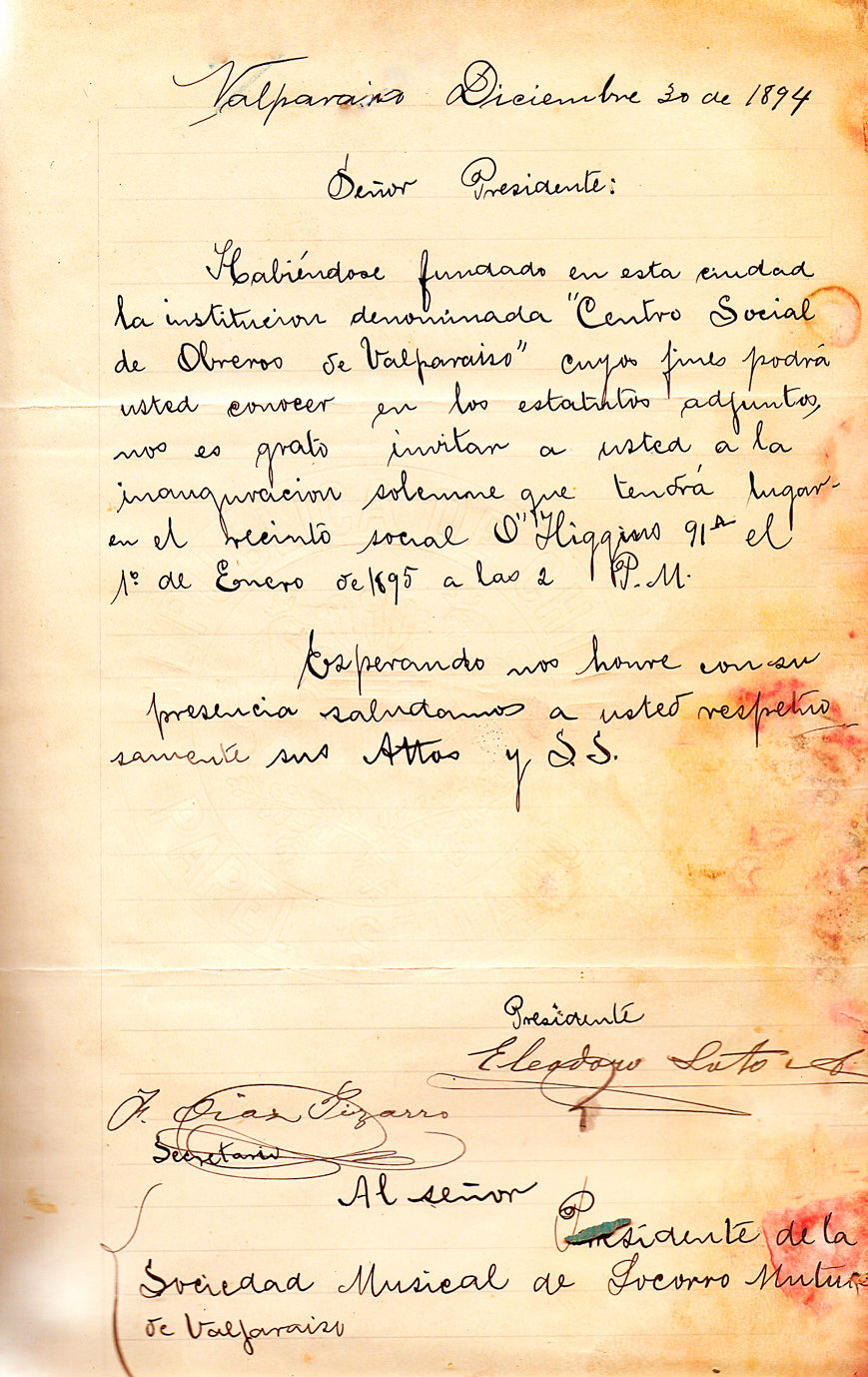 Carta del Centro Social de Obreros de Valparaíso a la SMSM de Valparaíso, 30 de diciembre de 1894. Archivada en Libro de cartas de la SMSM de Valparaíso desde 1893 a 1911.