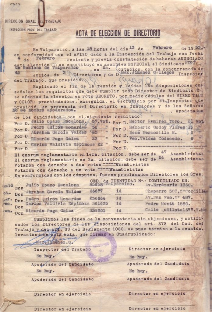Acta de elección de directorio del Sindicato Profesional de Músicos de Valparaíso, 13 de febrero 1953