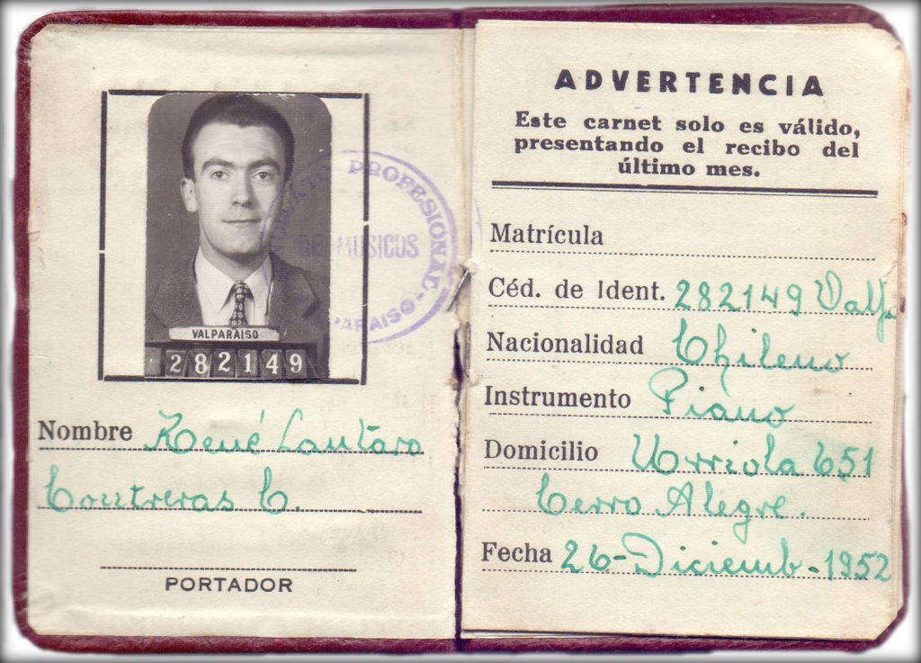 Carnet Profesional del socio René Lautaro Contreras, Sindicato Profesional de Músicos de Valparaíso, 1952. 