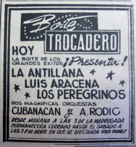 Boite Trocadero. Anuncio en Diario La Estrella, 15 abril 1954.